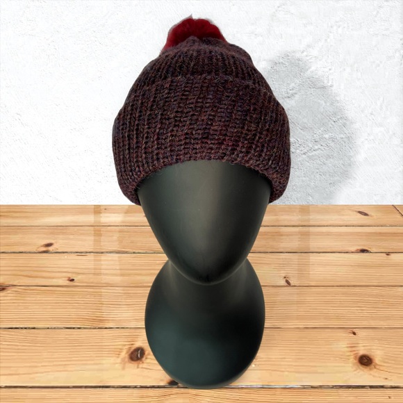 Hand Crafted Accessories - Handmade 100% Alpaca Knit Slouch Hat Beanie Borealis Blue Faux Rabbit Pom Pom